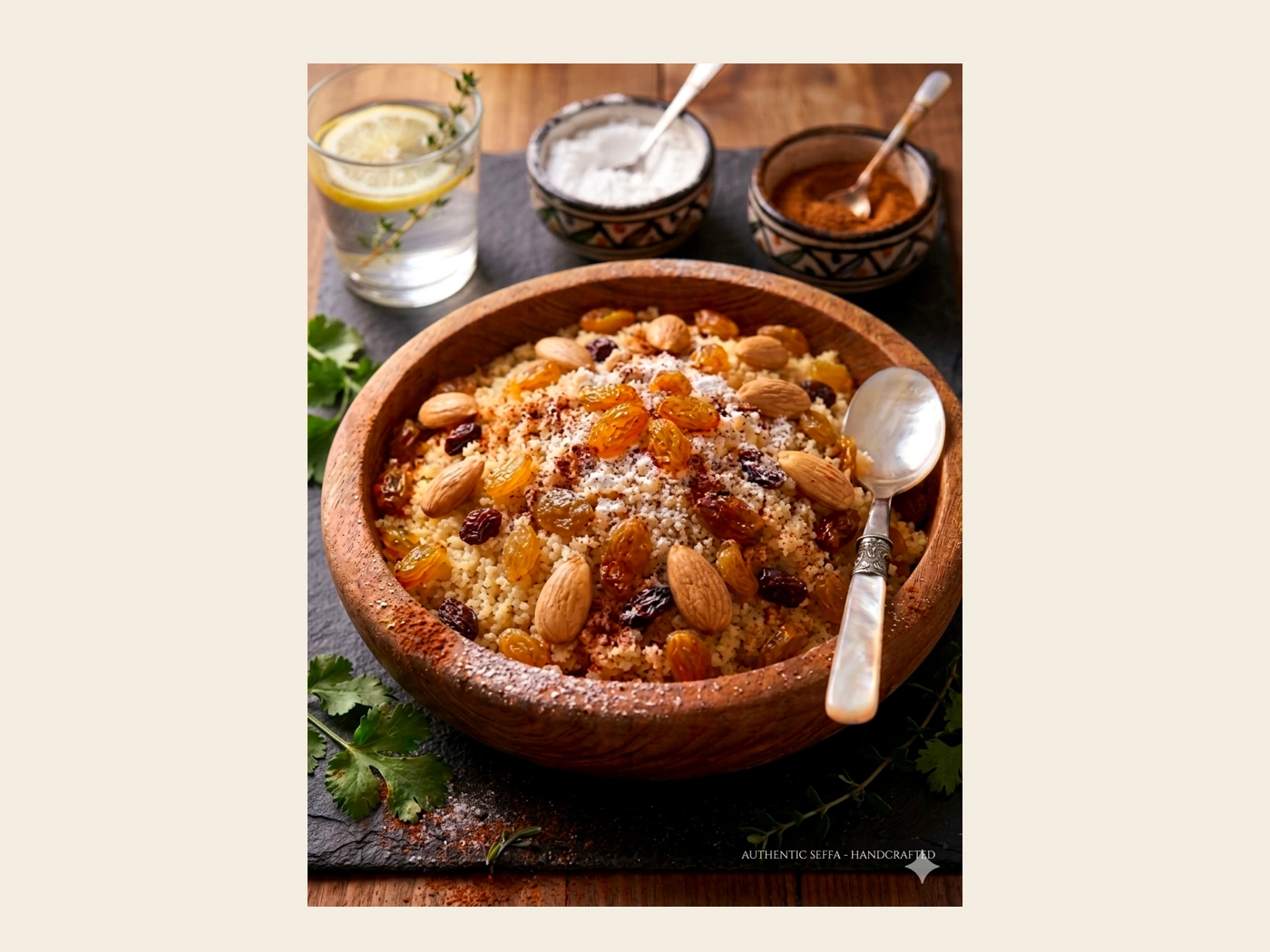 Masfouf avec raisins secs, amandes et sucre glace