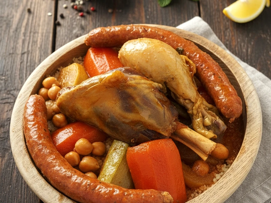 Couscous royal avec légumes, pilon de poulet, agneau et merguez